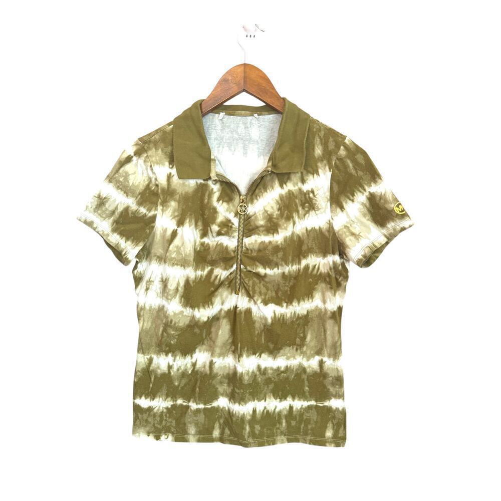 Michael Kors Olive Green Tie-Dye Zip Polo Shirt |‎ Short Sleeve Top | Women’s S